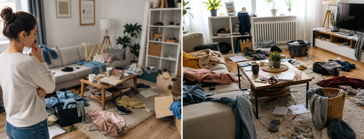 Wohnzimmer mit herumliegenden Gegenständen und typischen Anzeichen von Alltagsunordnung