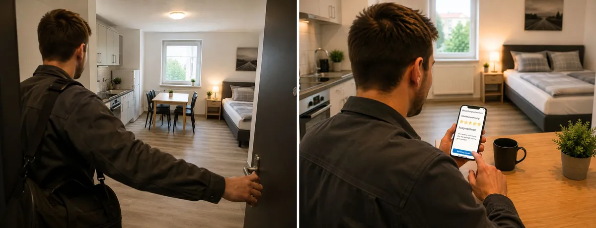 Saubere Monteurwohnung mit vorbereitetem Bett und gepflegtem Badezimmer