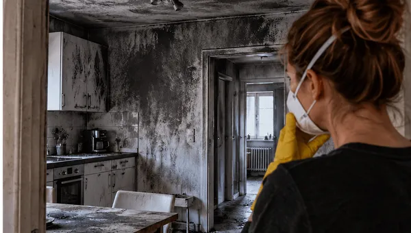 Verrußte Wand und Decke nach einem Wohnungsbrand