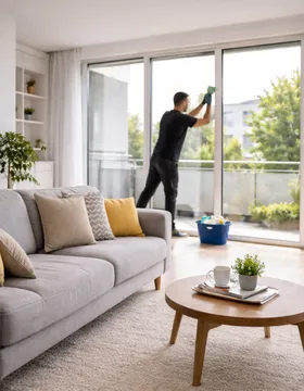 Reinigungskraft bei der professionellen Fensterreinigung